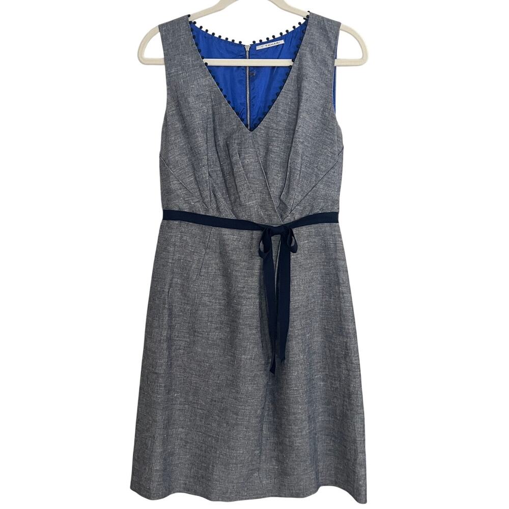 T Tahari Linen Blend Gray Sheath Dress Lined Sleeveless Bow Belt Size 6
